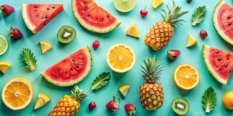 Modern chic summer fruit poster with sleek graphics and minimalist layout featuring watermelon, pineapple, strawberries, and oranges