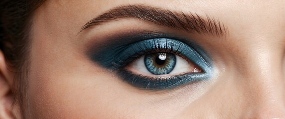Obraz premium Elegance close-up of beautiful female eye with marine colors eyeshadow. Macro shot of beautiful woman's face part with makeup. Cosmetics, beauty and make-up