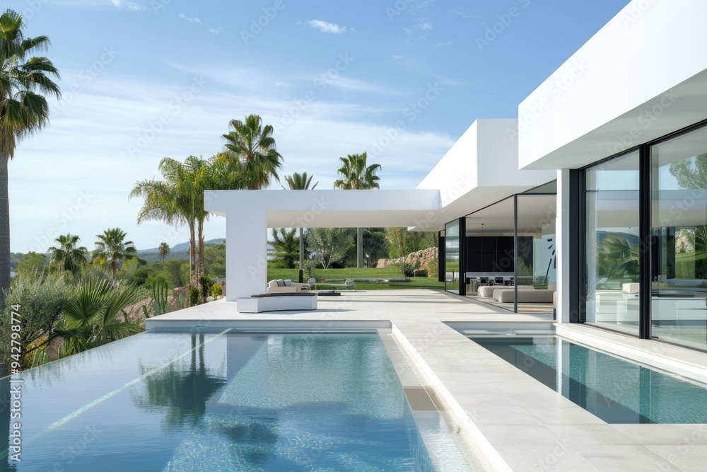Poster A serene pool scene at home with palm trees in the background