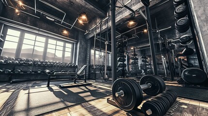 Fototapeta premium Modern light gym. Sports equipment in gym. Barbells of different weight on rack. 
