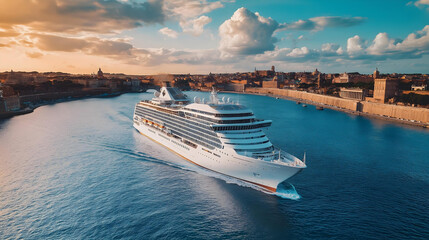 Luxurious modern white cruise liner sailing on the blue sea with great Rome backdrop view