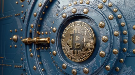 Fototapeta premium Bitcoin floating in a digital sphere surrounded by cryptographic patterns, representing financial security, [Bitcoin], [secure finance].