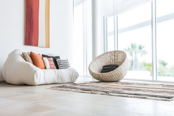 Modern minimalist living room interiors with bold furniture and decor. Luxury residential Real Estate interior design composition.