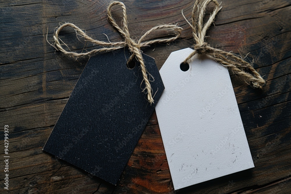Poster A pair of tags fastened together on a wooden surface, often used for labeling or identification