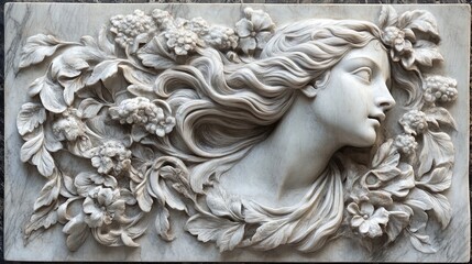 Naklejka premium Elegant White Stone Relief of Woman with Floral Motifs: Perfect Poster for Modern Interior or Artistic Sports Environment