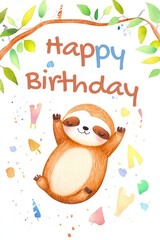 Cute sloth celebrating a birthday with colorful confetti and cheerful text. Perfect for party invitations and decorations.