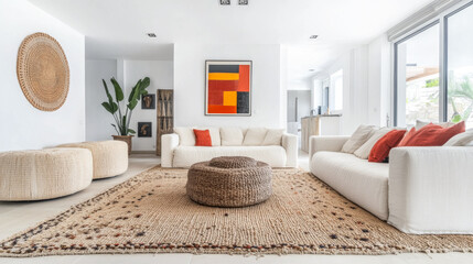 Modern minimalist living room interiors with bold furniture and decor. Luxury residential Real Estate interior design composition.