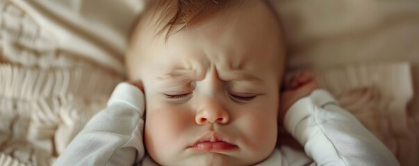 Newborn Baby Sleeping Fitfully with Furrowed Brow in Discomfort