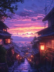 Fototapeta premium A serene anime-style background of a Japanese city at dusk, with glowing lanterns, narrow alleys, and distant mountains under a purple sky