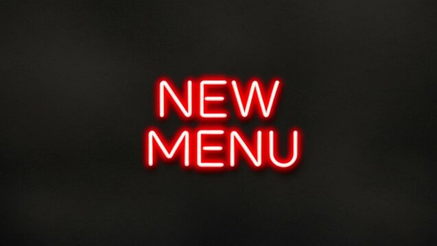 neon backlit style of the word new menu on a black grainy background