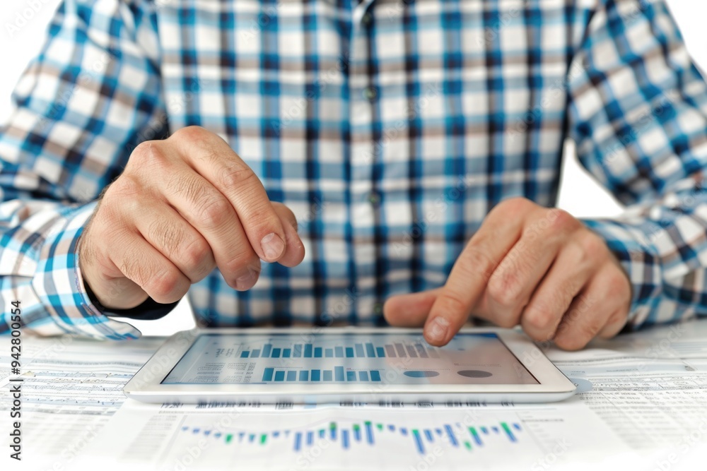 Poster a person working on a tablet device, possibly in a office or home setting
