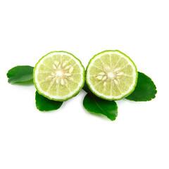 Bergamot and kaffir lime leaves on white background