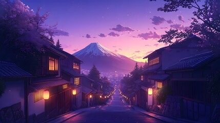 A serene anime-style background of a Japanese city at dusk, with glowing lanterns, narrow alleys, and distant mountains under a purple sky