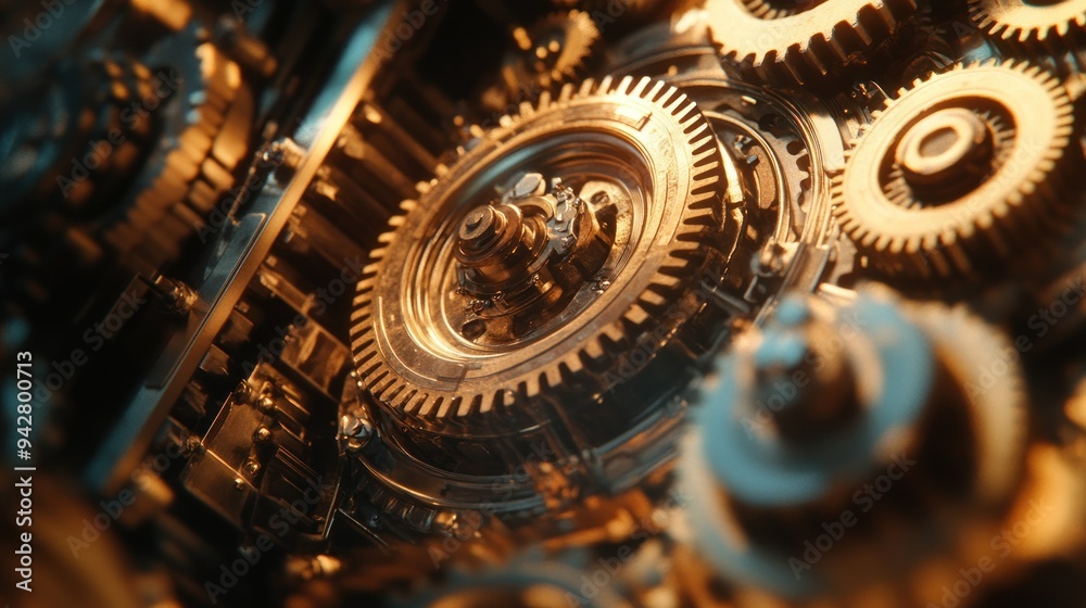 Poster close-up of interlocking metal gears in a machine