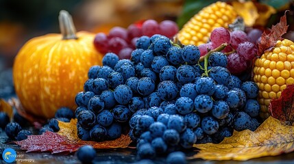 Nature background made of autumn fruit and beautiful sunlight in the back. Grapes, chestnut, vine leaf, walnuts, quince and apples