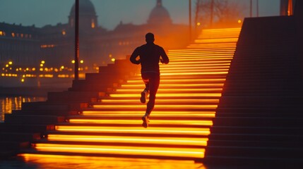 A man runs up a set of stairs in the dark