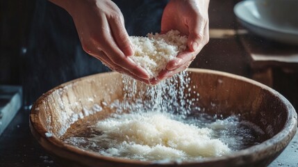 Fototapeta premium Chef washing rice grains in a large wooden bowl with water, splashing it with their hands