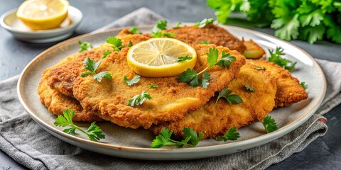 Crispy fried Wiener Schnitzel cutlets garnished with lemon and parsley, German cuisine appetizer dish
