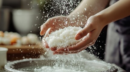 Obraz premium Chef washing rice in cold water in a professional restaurant kitchen