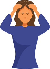 Sad woman is touching her hair worried about dandruff or head lice