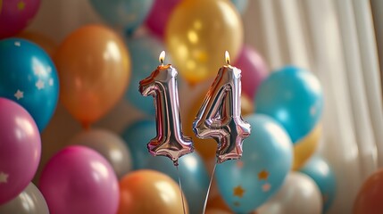 A pair of lit candles on a table with a bunch of balloons in the background
