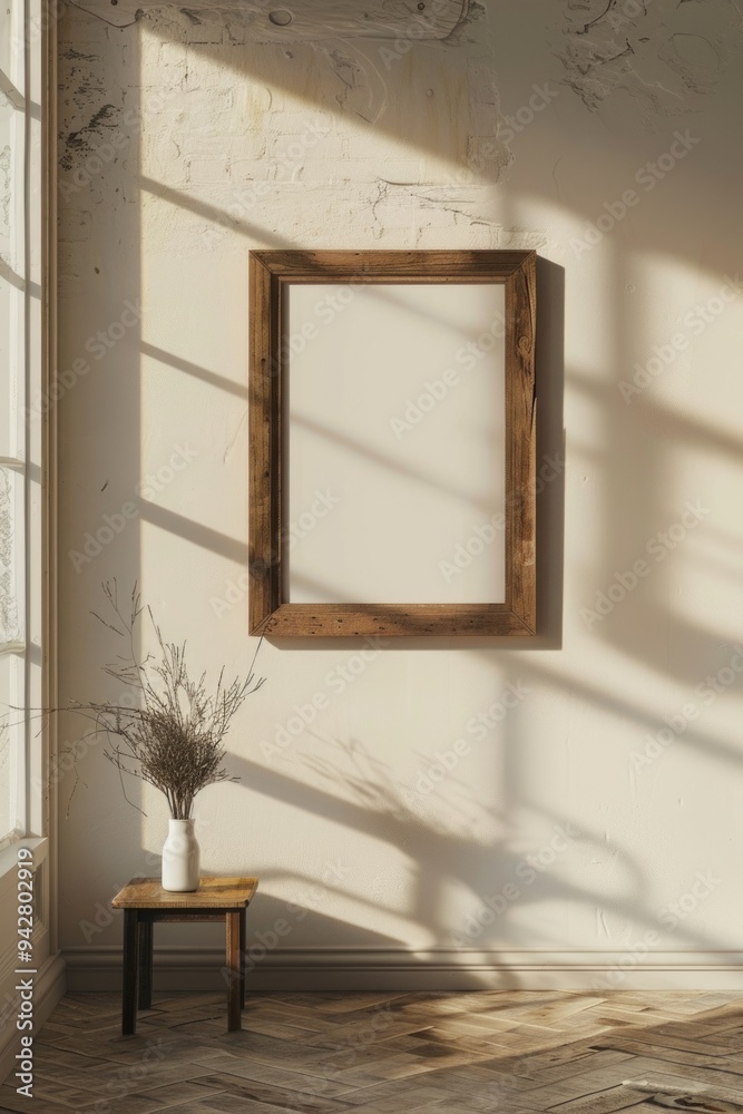 Poster a picture frame hangs on a wall next to a table, perfect for displaying memories or artwork