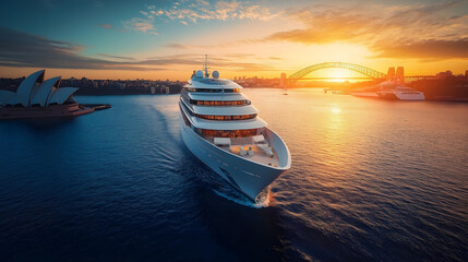 Luxurious modern white cruise liner sailing on the blue sea with great Sydney backdrop view