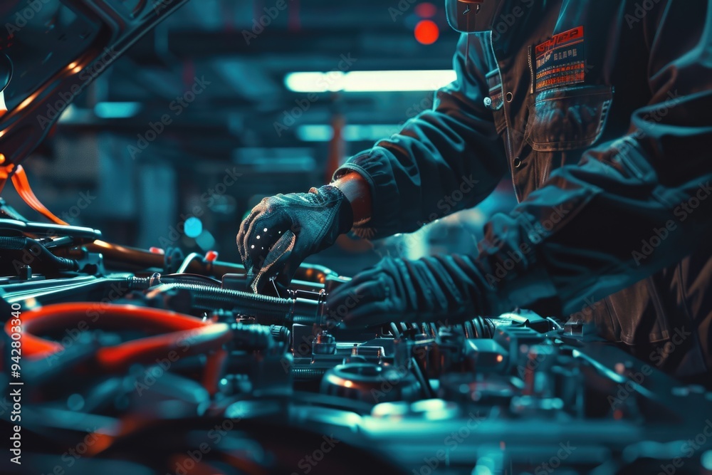 Poster a man working on a machine in a modern industrial setting