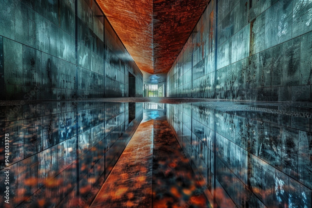 Aufkleber A serene scene of a building reflected in a calm pool of water, perfect for use in travel or architecture-related designs