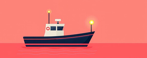 Naklejka premium A colorful illustration of a fishing boat on a serene water surface during sunset, creating a tranquil nautical scene.