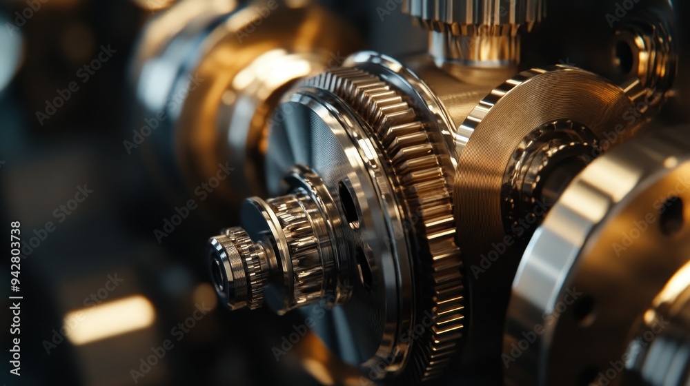 Poster Close-up of Interlocking Metallic Gears in a Complex Machine