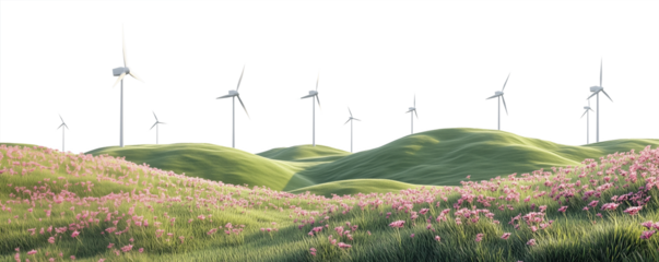 Wind turbines and grassy hills flora isolated against transparent background. Natural energy concept