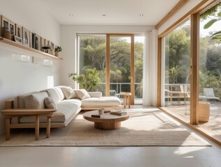 Fototapeta premium Modern Living Room with Sectional Sofa, Wooden Coffee Table, and Large Windows