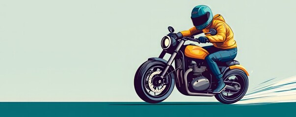 A dynamic motorcycle rider in a vibrant yellow jacket speeding down the road, showcasing exhilarating freedom and adventure.