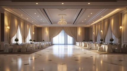 Luxurious Banquet Hall with Open-Plan Layout, Soft Lighting, and Elegant Drapery for Exclusive Gatherings and Receptions