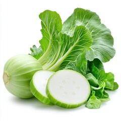 Fresh green cabbage with slices and leaves isolated on white background.