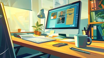Naklejka premium An illustration of a virtual meeting setup with a computer screen showing a video conference, accompanied by notes, a pen, and a coffee mug on a neatly organized desk. 8k UHD, suitable for high-qualit