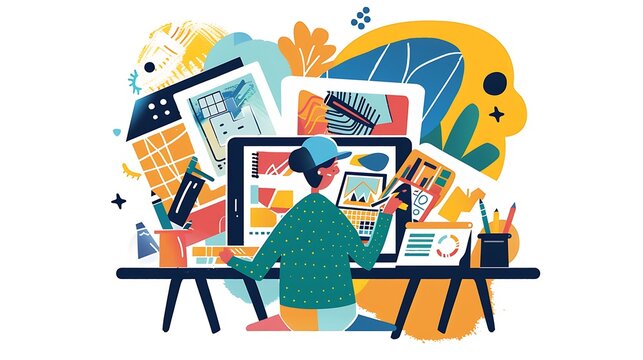 A creative workspace illustration featuring a graphic designer working on a tablet with various design tools and colorful artwork spread out on the desk, set against a bright, minimalistic background.