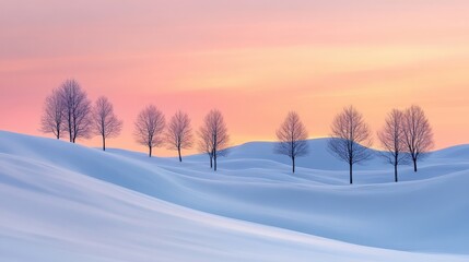 Fototapeta premium A tranquil winter landscape features gently rolling snow-covered hills and a row of bare trees silhouetted against a soft pastel sunset, creating a peaceful atmosphere