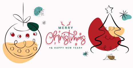 Merry christmas greeting card vector banner design. Christmas greeting text with doodle hanging xmas ball and pine tree elements hand drawn sketch in colorful abstract white background. Vector 