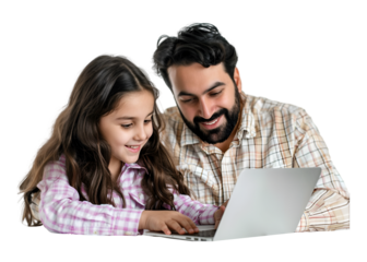 Father and child with laptop on transparent background
