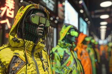 Cyberpunk fashion mannequins in futuristic outfits with neon lights on a city street, showcasing vibrant high-tech apparel and accessories.