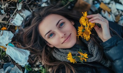 woman participates in CSR work, collecting trash in littered area where small, bright flowers bloom amidst the waste. The image highlights the contrast between the beauty of nature.