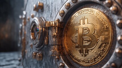 Fototapeta premium Digital Bitcoin in a locked vault, isolated on a white background, close-up, 3D Blender style, realistic texture, studio lighting