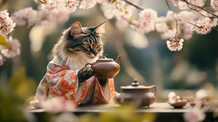 A charming cat in a floral kimono enjoying tea amidst blooming cherry blossoms, evoking a serene and whimsical atmosphere.