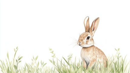 Fototapeta premium A charming illustration of a rabbit sitting in lush green grass, capturing the essence of nature and wildlife.
