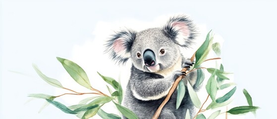 A charming koala perched on eucalyptus branches, showcasing its unique features and serene expression in a natural setting.