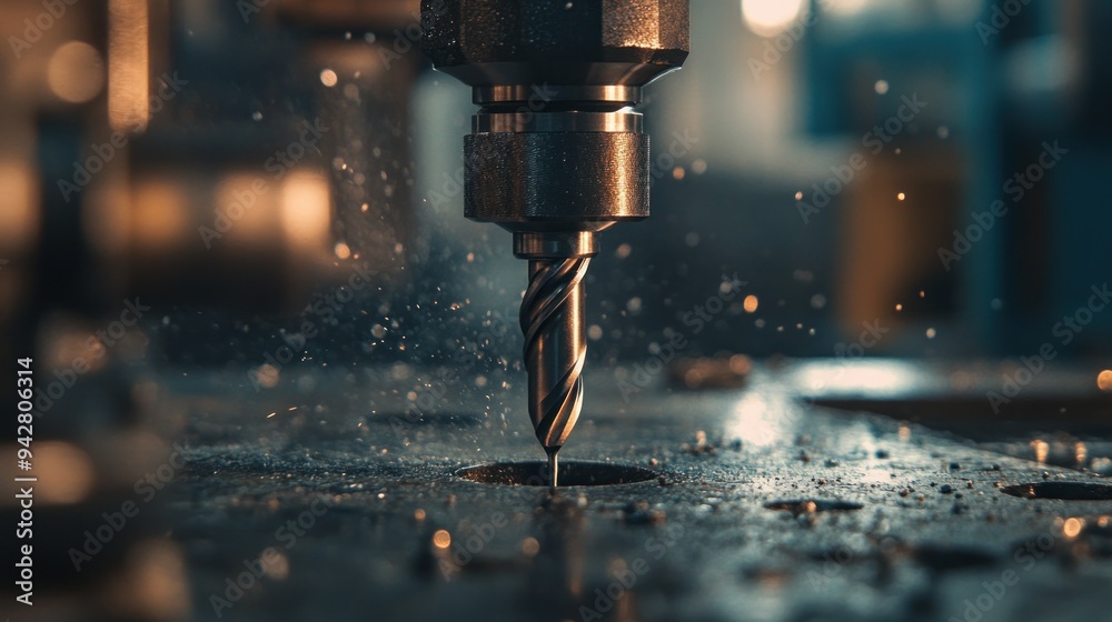 Poster close-up of a drill bit piercing a metal surface with sparks flying