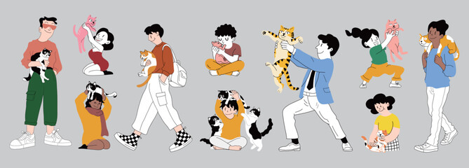 Set of People with their cats,  Cat lovers, pet owner loving and holding cute cat in hands