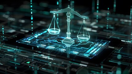 AI judge interface displaying sentencing guidelines and legal precedents on a digital tablet